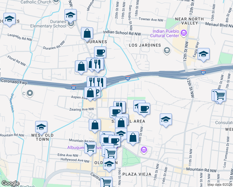 map of restaurants, bars, coffee shops, grocery stores, and more near 1022 21st Street Northwest in Albuquerque