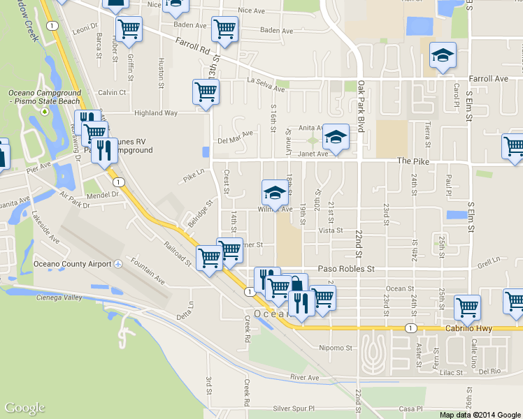 map of restaurants, bars, coffee shops, grocery stores, and more near 1650 Wilmar Avenue in Oceano