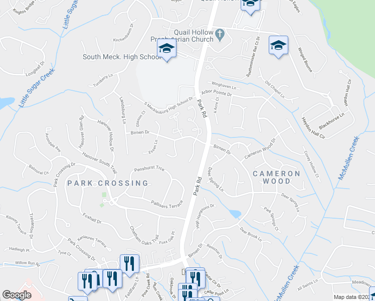 map of restaurants, bars, coffee shops, grocery stores, and more near 9314 South Vicksburg Park Court in Charlotte