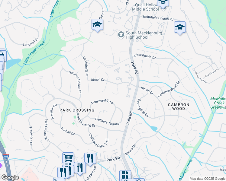 map of restaurants, bars, coffee shops, grocery stores, and more near 9320 Kings Falls Drive in Charlotte