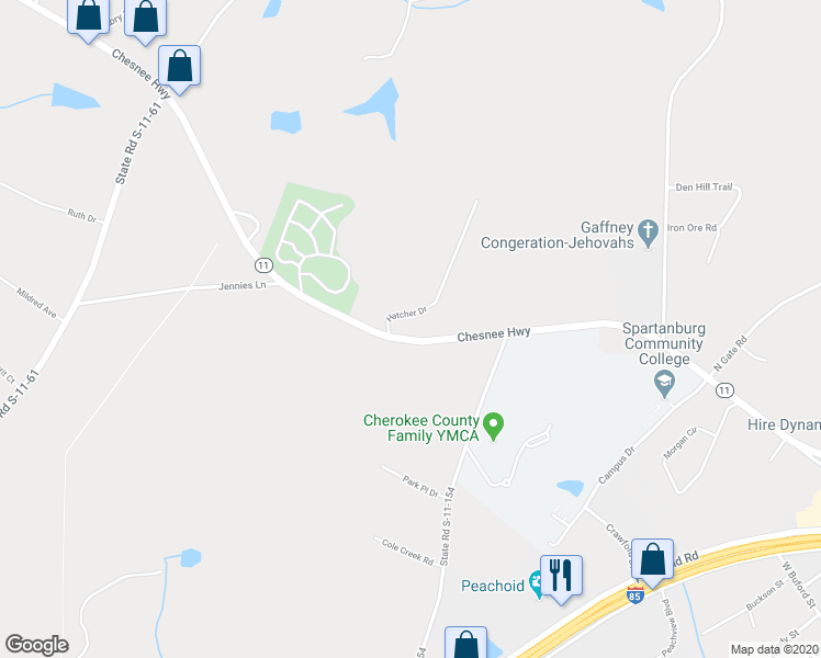 map of restaurants, bars, coffee shops, grocery stores, and more near 910 Chesnee Highway in Gaffney