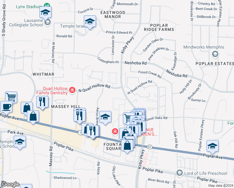 map of restaurants, bars, coffee shops, grocery stores, and more near 1616 Kirby Parkway in Memphis