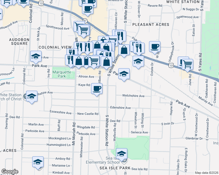 map of restaurants, bars, coffee shops, grocery stores, and more near 996 South White Station Road in Memphis