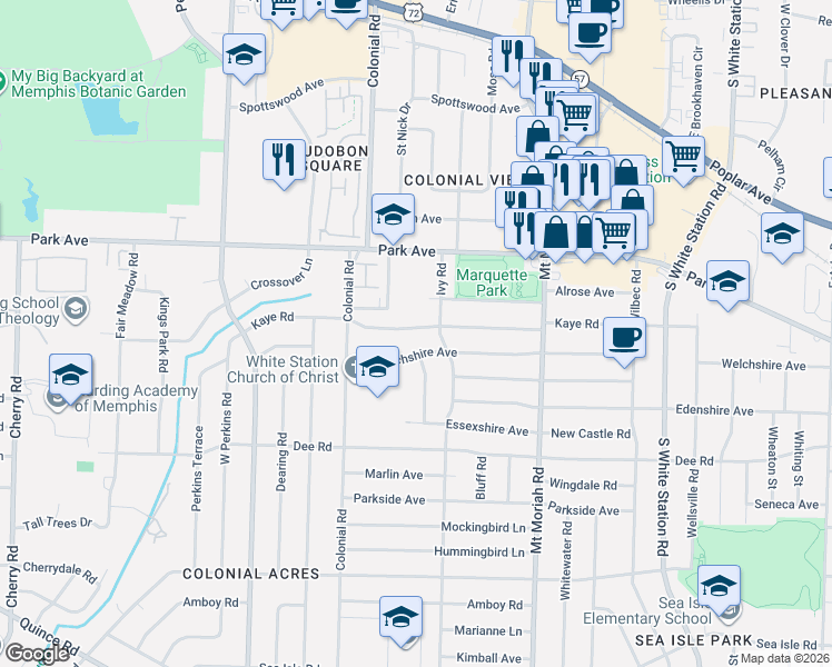 map of restaurants, bars, coffee shops, grocery stores, and more near 4830 Kaye Road in Memphis