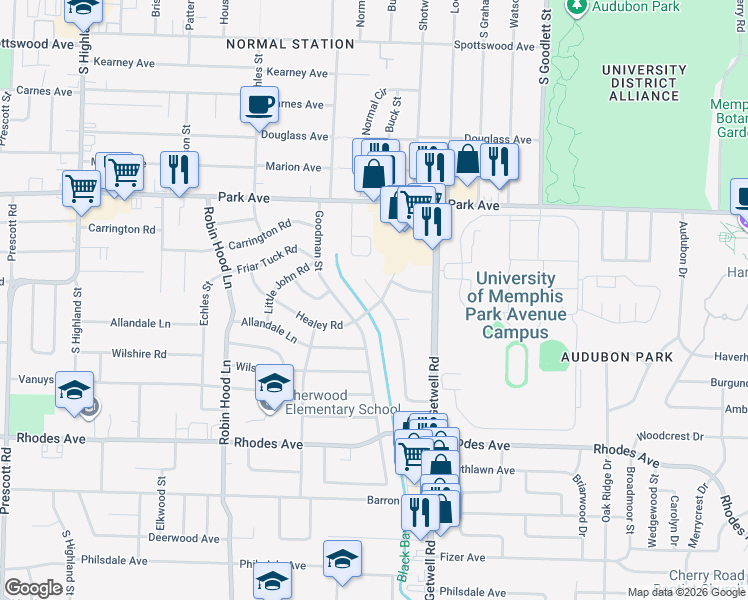 map of restaurants, bars, coffee shops, grocery stores, and more near 977 McEvers Road in Memphis