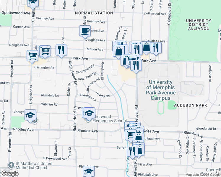 map of restaurants, bars, coffee shops, grocery stores, and more near 977 McEvers Road in Memphis