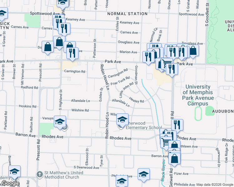 map of restaurants, bars, coffee shops, grocery stores, and more near 3731 Healey Road in Memphis