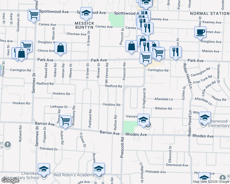 map of restaurants, bars, coffee shops, grocery stores, and more near 3369 Radford Road in Memphis