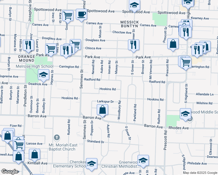 map of restaurants, bars, coffee shops, grocery stores, and more near 3131 Radford Road in Memphis