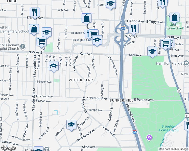 map of restaurants, bars, coffee shops, grocery stores, and more near 1554 Leland Street in Memphis
