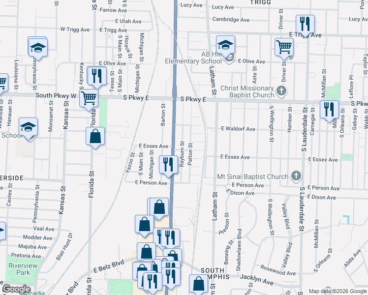 map of restaurants, bars, coffee shops, grocery stores, and more near 1571 Patton Street in Memphis