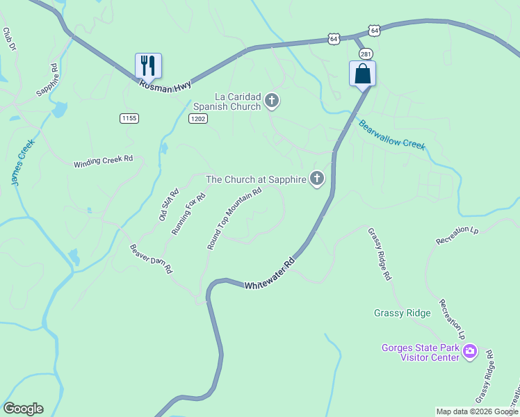 map of restaurants, bars, coffee shops, grocery stores, and more near 176 Round Top Mountain Crest Road in Sapphire