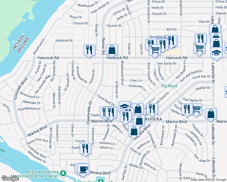 map of restaurants, bars, coffee shops, grocery stores, and more near 1858 Hualapai Drive in Bullhead City