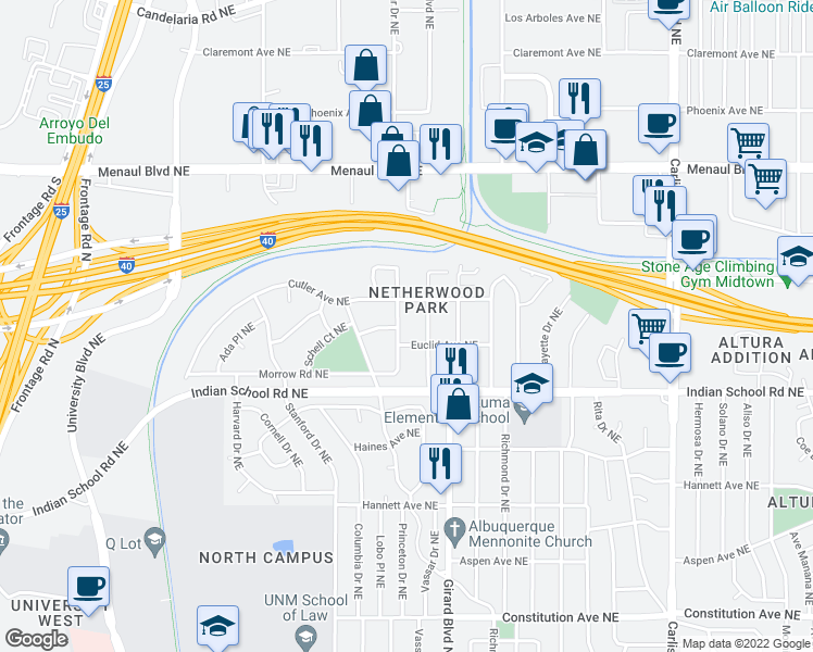 map of restaurants, bars, coffee shops, grocery stores, and more near 1800 Vassar Drive Northeast in Albuquerque