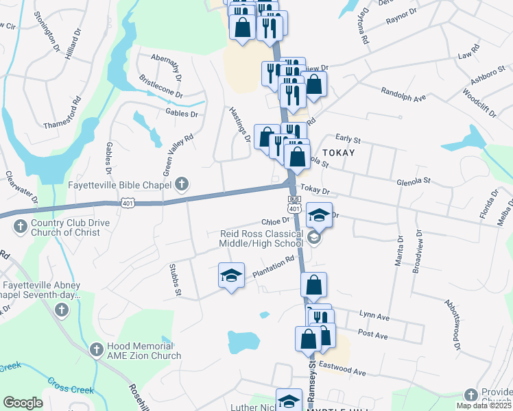map of restaurants, bars, coffee shops, grocery stores, and more near 201 Country Club Drive in Fayetteville