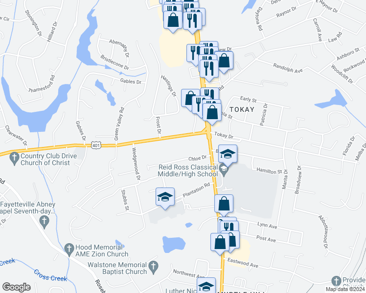 map of restaurants, bars, coffee shops, grocery stores, and more near 201 Country Club Drive in Fayetteville
