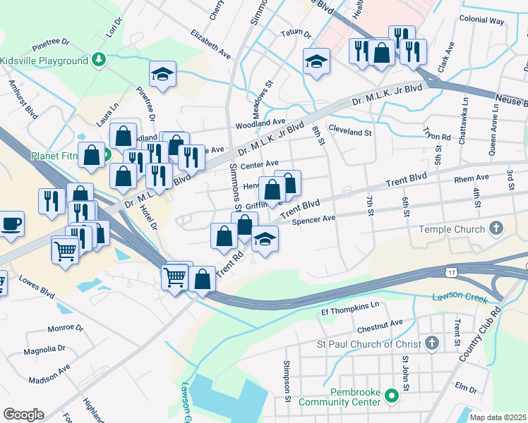 map of restaurants, bars, coffee shops, grocery stores, and more near 303 Meadows Street in New Bern
