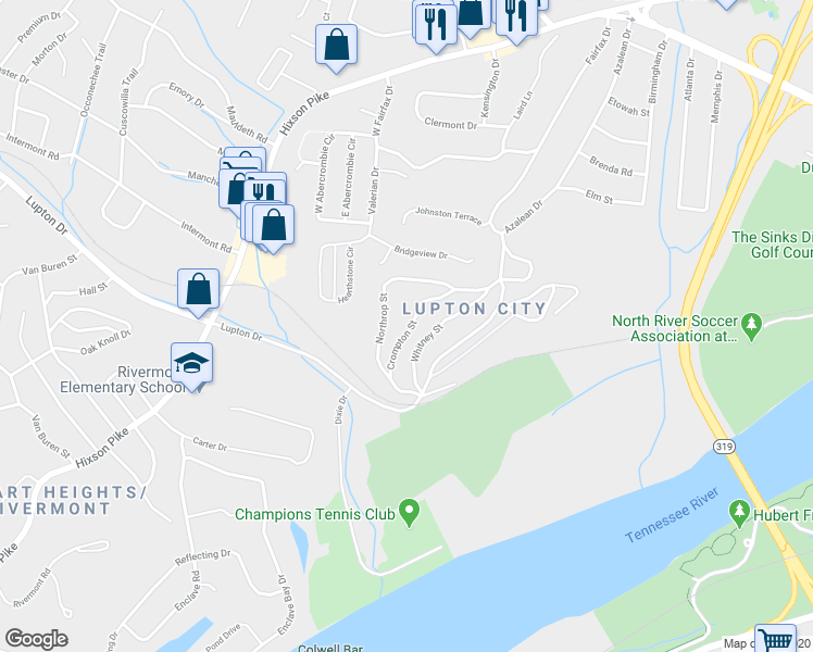 map of restaurants, bars, coffee shops, grocery stores, and more near 3511 Crompton Street in Chattanooga