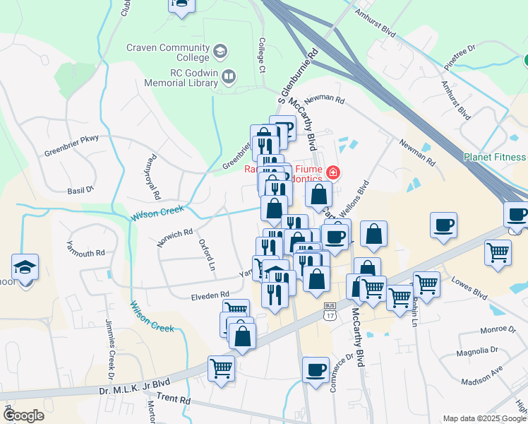 map of restaurants, bars, coffee shops, grocery stores, and more near 1554 College Way in New Bern