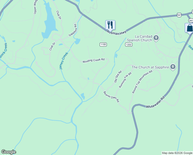 map of restaurants, bars, coffee shops, grocery stores, and more near 651 Winding Creek Road in Sapphire