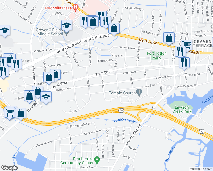 map of restaurants, bars, coffee shops, grocery stores, and more near 1719 Spencer Avenue in New Bern