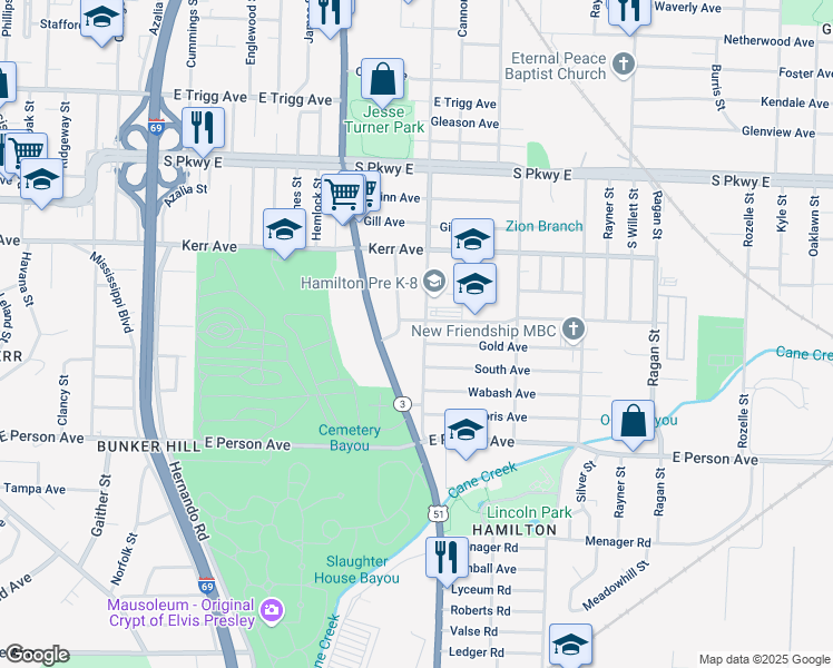 map of restaurants, bars, coffee shops, grocery stores, and more near 1540 South Montgomery Street in Memphis