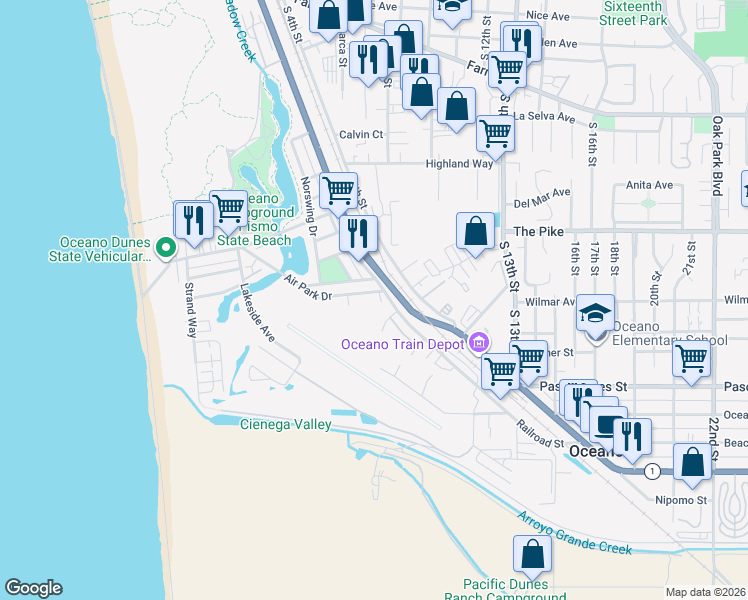 map of restaurants, bars, coffee shops, grocery stores, and more near 665 Air Park Drive in Oceano