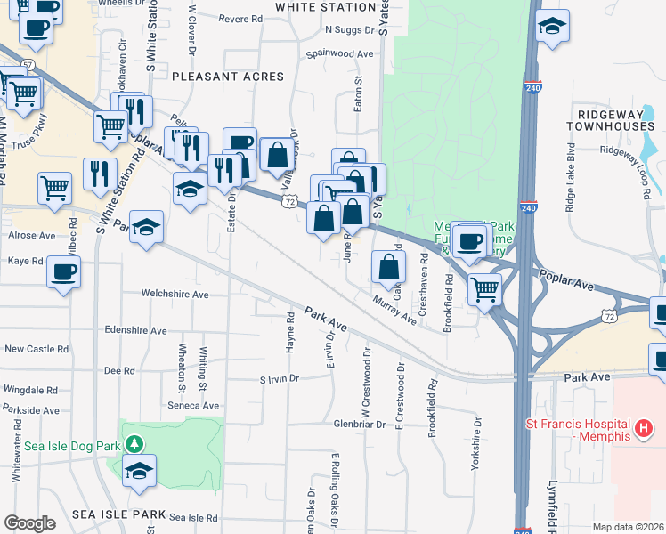 map of restaurants, bars, coffee shops, grocery stores, and more near 1025 June Road in Memphis