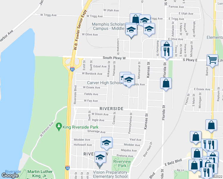 map of restaurants, bars, coffee shops, grocery stores, and more near 1589 Hanauer Street in Memphis