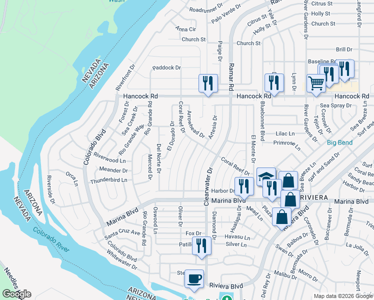map of restaurants, bars, coffee shops, grocery stores, and more near 1853 Oliver Drive in Bullhead City