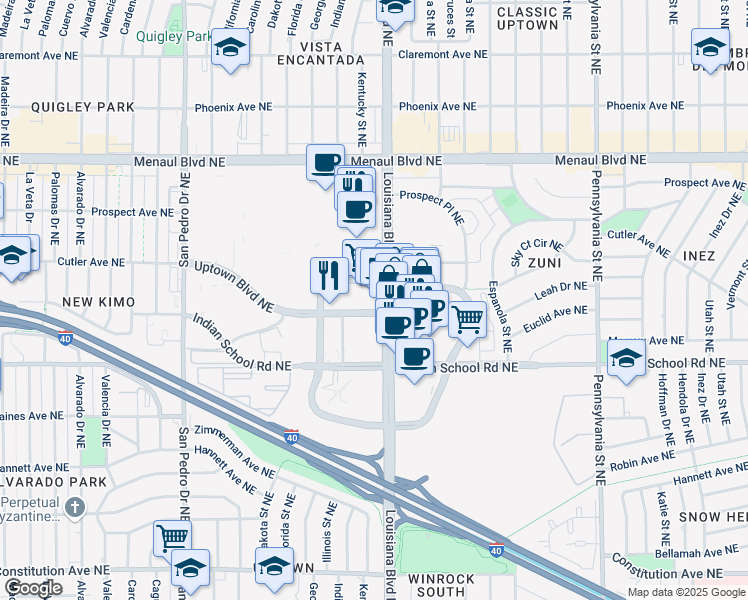 map of restaurants, bars, coffee shops, grocery stores, and more near 2201 Louisiana Boulevard Northeast in Albuquerque