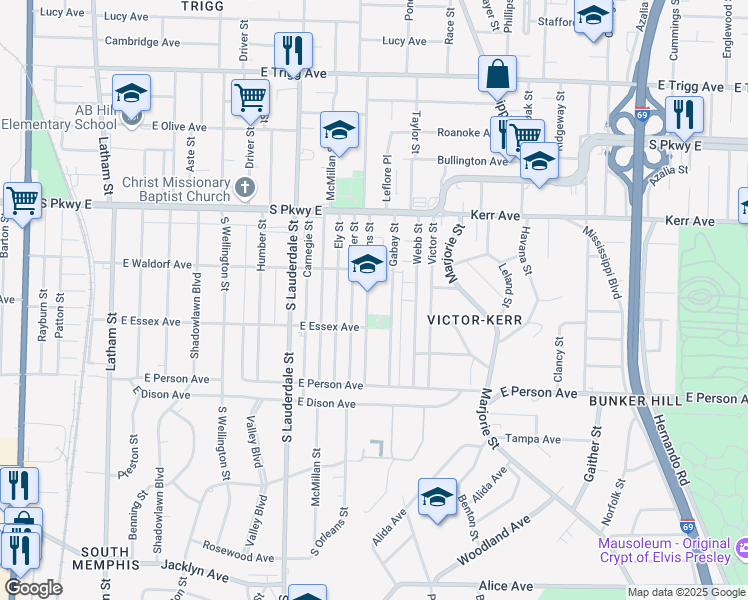 map of restaurants, bars, coffee shops, grocery stores, and more near 1566 South Orleans Street in Memphis
