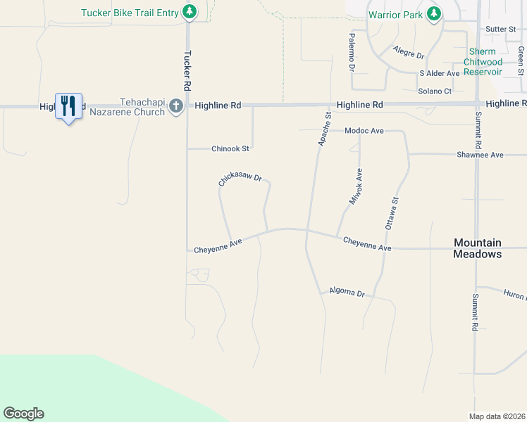 map of restaurants, bars, coffee shops, grocery stores, and more near Chickasaw Drive in Tehachapi