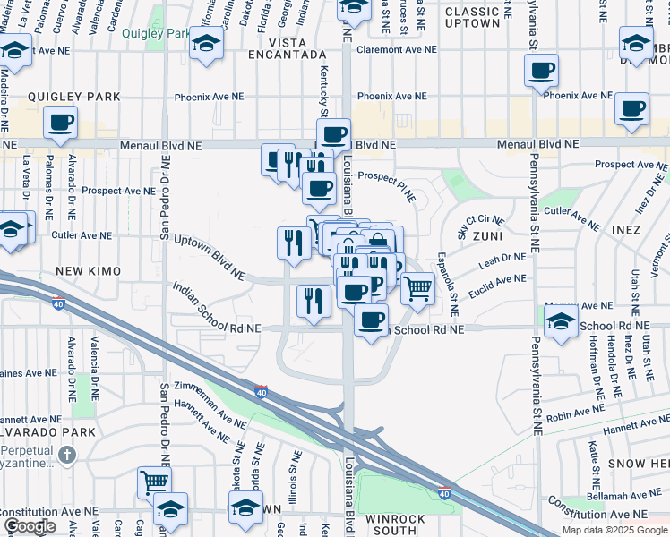 map of restaurants, bars, coffee shops, grocery stores, and more near 2201 Americas Parkway in Albuquerque