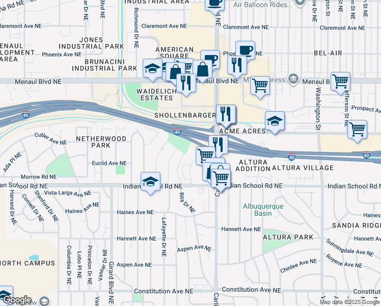 map of restaurants, bars, coffee shops, grocery stores, and more near 1901 Indian Plaza Drive Northeast in Albuquerque