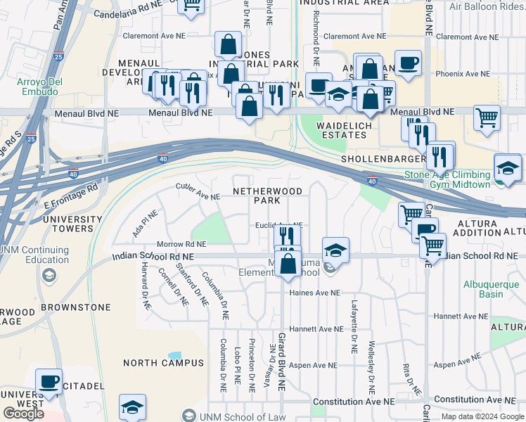 map of restaurants, bars, coffee shops, grocery stores, and more near 1813 Girard Boulevard Northeast in Albuquerque