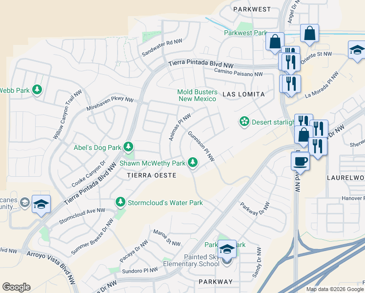 map of restaurants, bars, coffee shops, grocery stores, and more near 8616 Casa Verde Avenue Northwest in Albuquerque