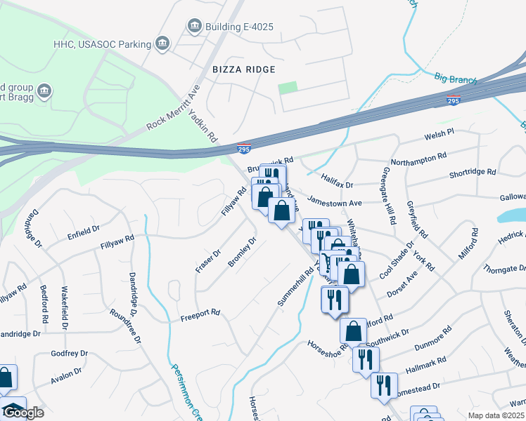 map of restaurants, bars, coffee shops, grocery stores, and more near 6475 Yadkin Road in Fayetteville