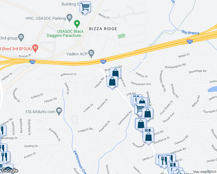 map of restaurants, bars, coffee shops, grocery stores, and more near 6475 Yadkin Road in Fayetteville
