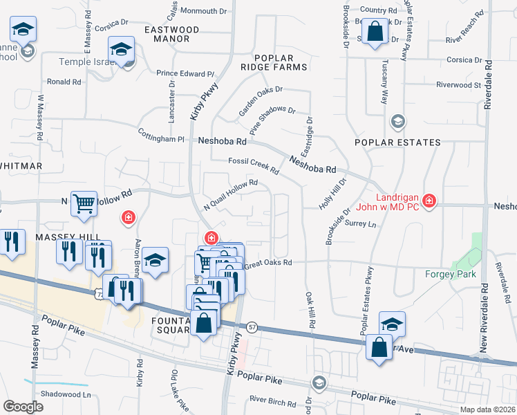 map of restaurants, bars, coffee shops, grocery stores, and more near 6760 Meadow Oak Place in Memphis