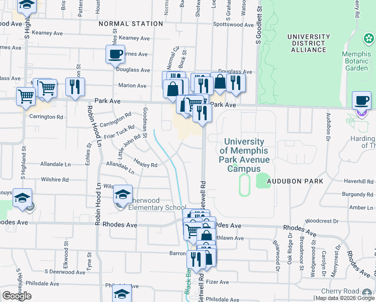 map of restaurants, bars, coffee shops, grocery stores, and more near 3907 Stuart Road in Memphis