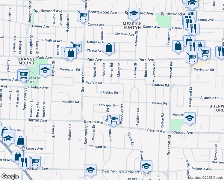 map of restaurants, bars, coffee shops, grocery stores, and more near 3131 Radford Road in Memphis