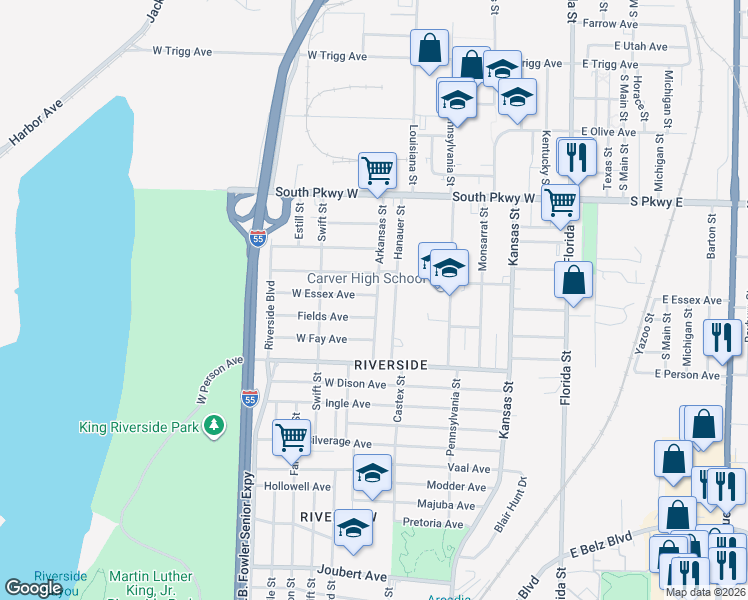 map of restaurants, bars, coffee shops, grocery stores, and more near 1580 Arkansas Street in Memphis