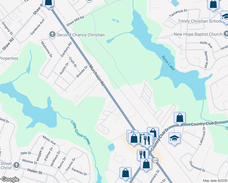 map of restaurants, bars, coffee shops, grocery stores, and more near 4428 Murchison Road in Fayetteville