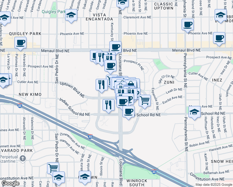 map of restaurants, bars, coffee shops, grocery stores, and more near 2201 Louisiana Boulevard Northeast in Albuquerque