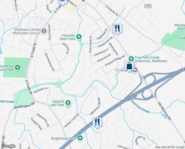 map of restaurants, bars, coffee shops, grocery stores, and more near 7515 Greylock Ridge Road in Matthews