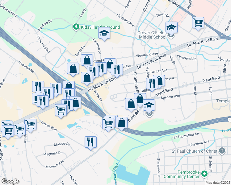map of restaurants, bars, coffee shops, grocery stores, and more near 2404 Griffin Avenue in New Bern