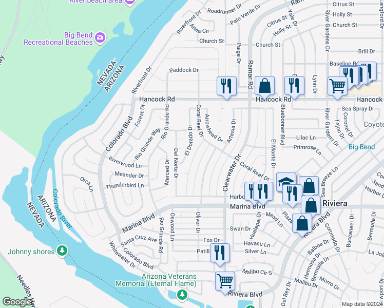 map of restaurants, bars, coffee shops, grocery stores, and more near 1853 Monterey Drive in Bullhead City