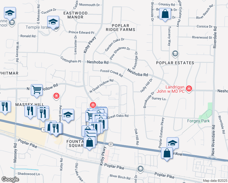 map of restaurants, bars, coffee shops, grocery stores, and more near 6760 Meadow Oak Place in Memphis
