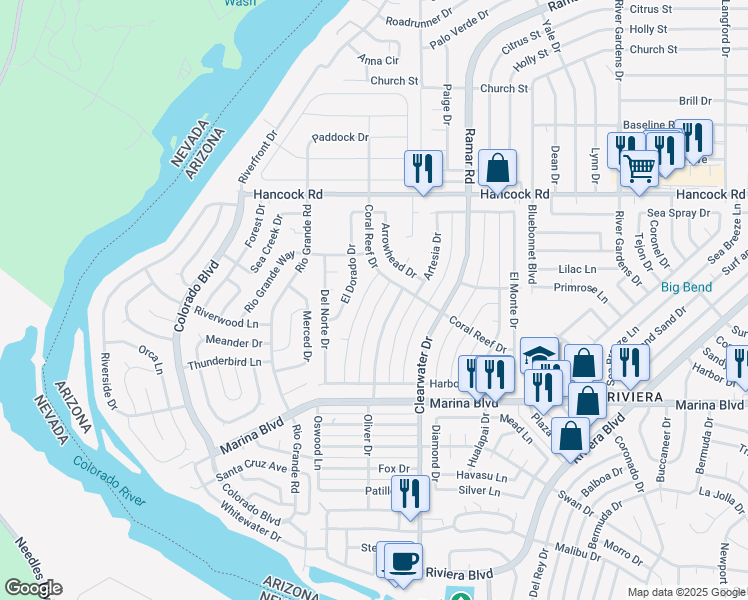 map of restaurants, bars, coffee shops, grocery stores, and more near 1843 Monterey Drive in Bullhead City